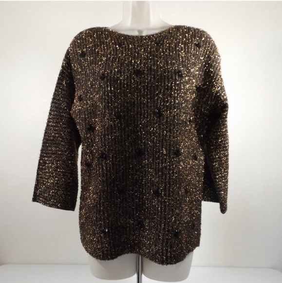 Ruby Rd Embellished Brown and Gold Metallic Pullover Sweater Petite Large - Picture 1 of 12